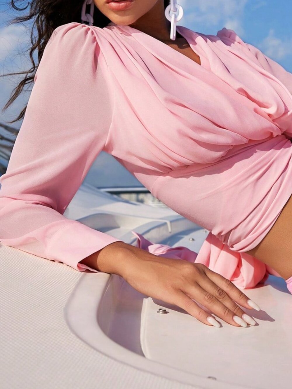 Pink Party Women's V-Neck Tie Waist Blouse - Picture 6 of 7